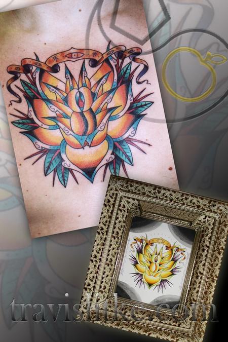 Travis Litke - Neo Trad Rose Eye Banner Chest w/ Watercolor